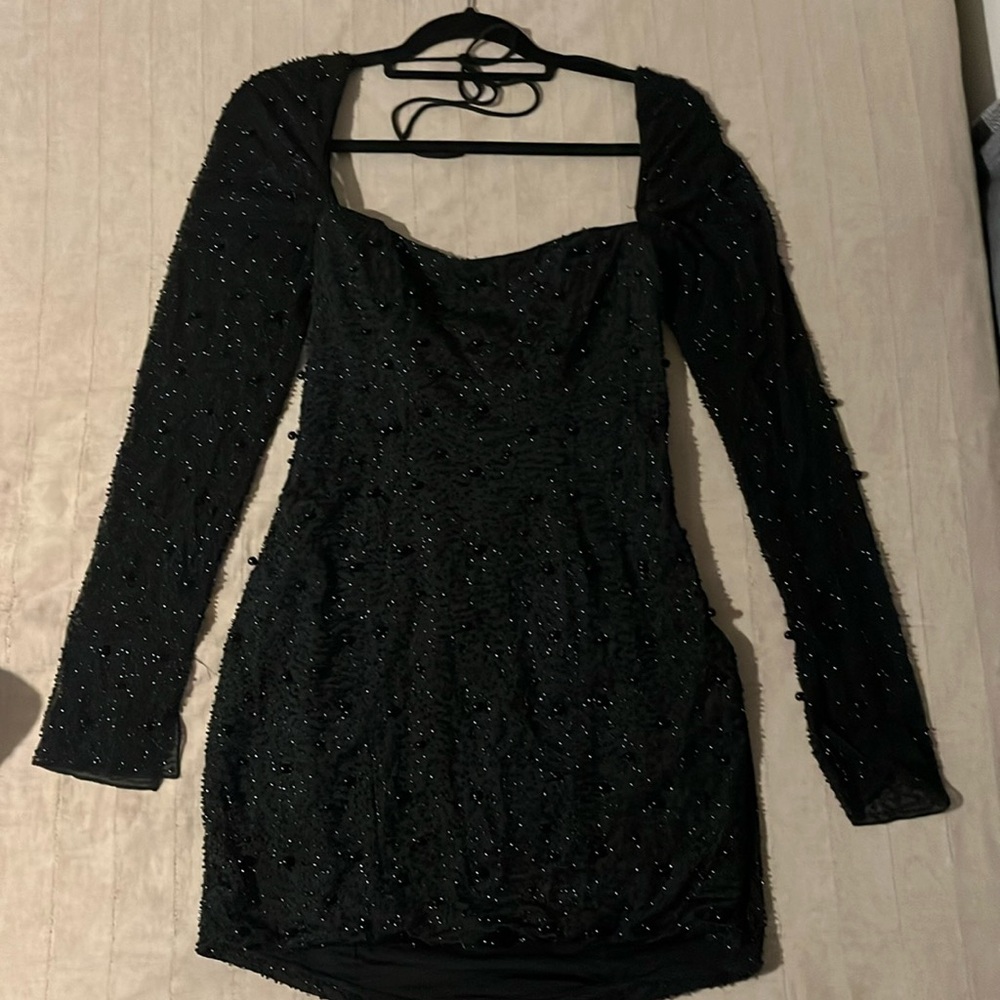 Oh Polly Long Sleeve Embellished Corset Mini Dress in Black size 10